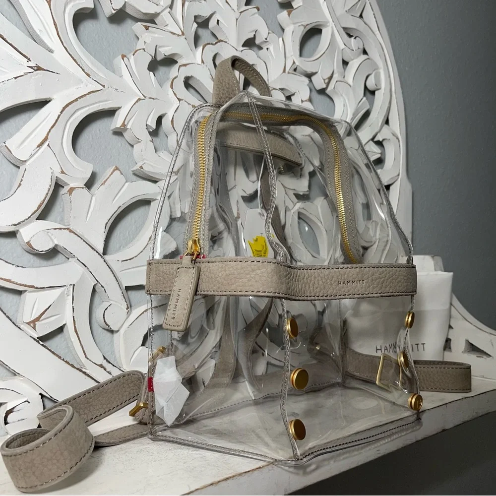 SOLD Hammitt Los Angeles Hunter Medium Clear Backpack Grey Natural Brushed Gold - Picture 3 of 6